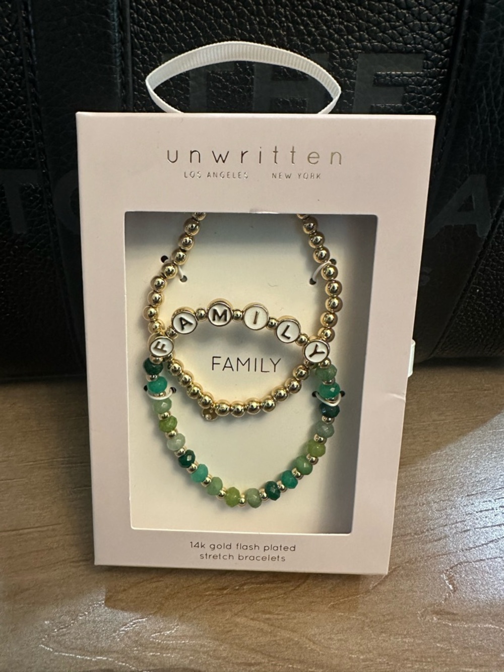 Unwritten Green quartz & Gold Beaded 'FAMILY' Stretch Bracelet Set